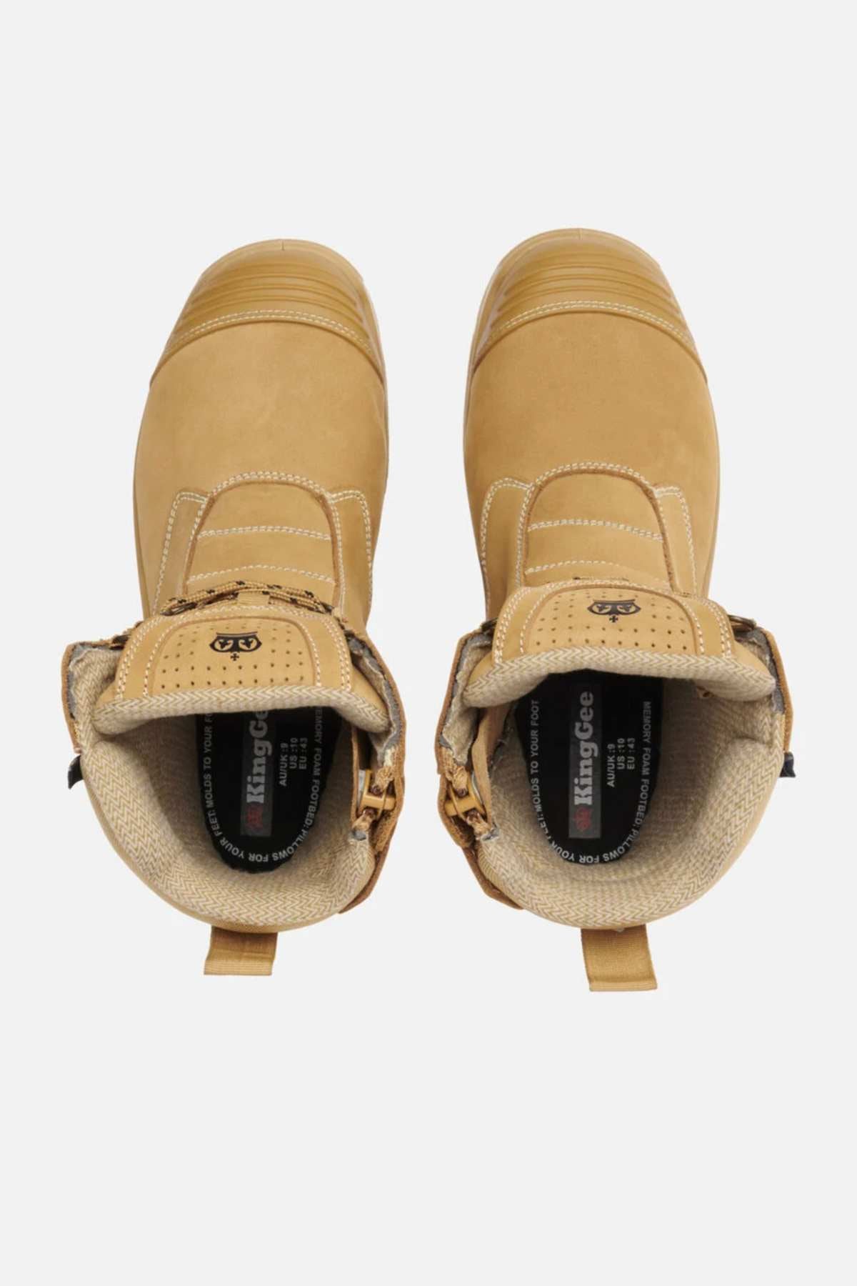 A pair of tan King Gee Bennu Pro 9 Work Boots features a soft padded collar, steel toe protection, and "KingGee" branding on the inner lining. These boots have a slip-resistant outsole and are shown from above against a white background.