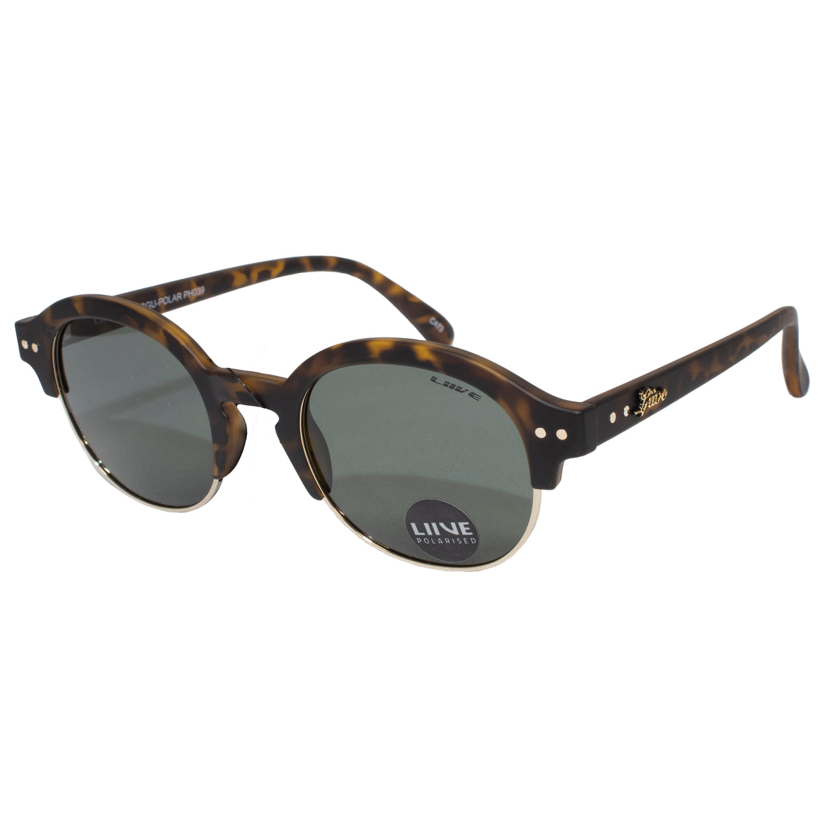 Liive Canggu Polar Sunglasses feature tortoiseshell round frames, dark polarized grey lenses, gold accents, and "Liive" branding on the arm and lens sticker. Lightweight polycarbonate frames provide comfort and style.