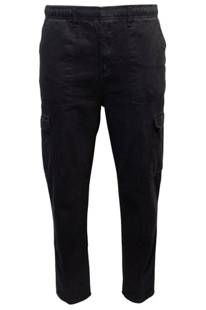 Label One Traveller Cargo Pant in black cotton with an elastic waistband, side and cargo thigh pockets, shown against a white background.