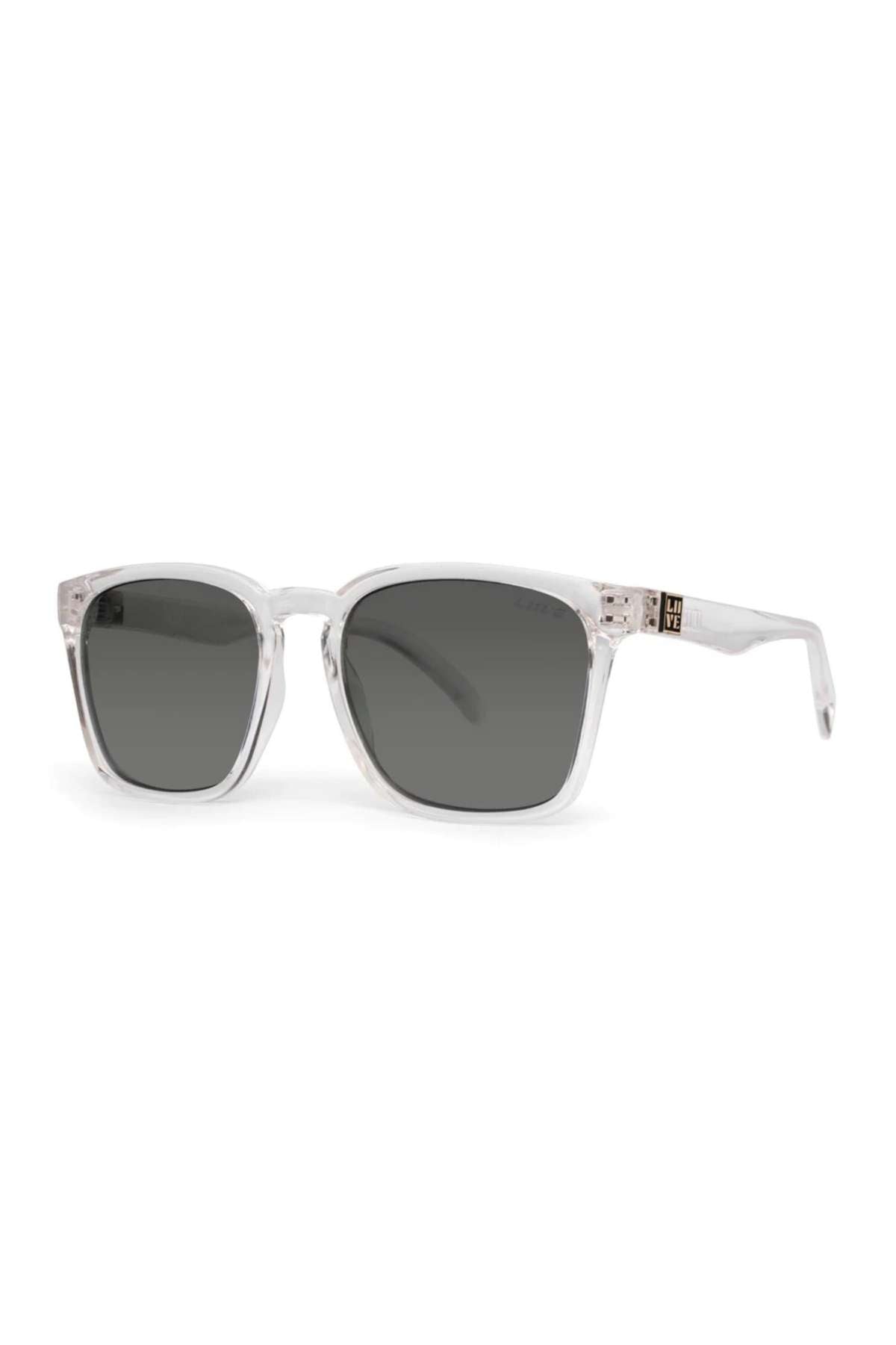 Liive Alik Sunglasses featuring clear polycarbonate frames and dark rectangular lenses for reliable UV protection, displayed at a three-quarter angle on a white background.