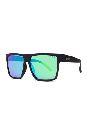 Liive Brooksy Envy Mirror Polar Float Sunglasses feature black frames with reflective green and blue lenses. "LIVVE" is displayed on the top corner of the left lens and on the temple arm, shown against a white background.