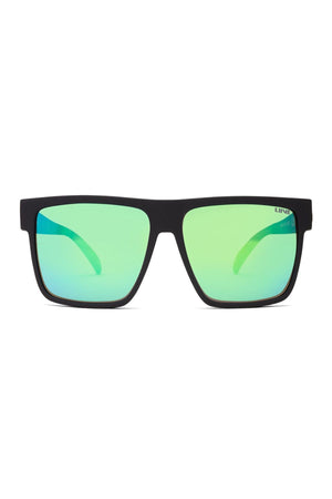 The Liive Brooksy Envy Mirror Polar Float sunglasses are black, rectangular, and lightweight polycarbonate shades with reflective green lenses, shown facing forward against a white background.