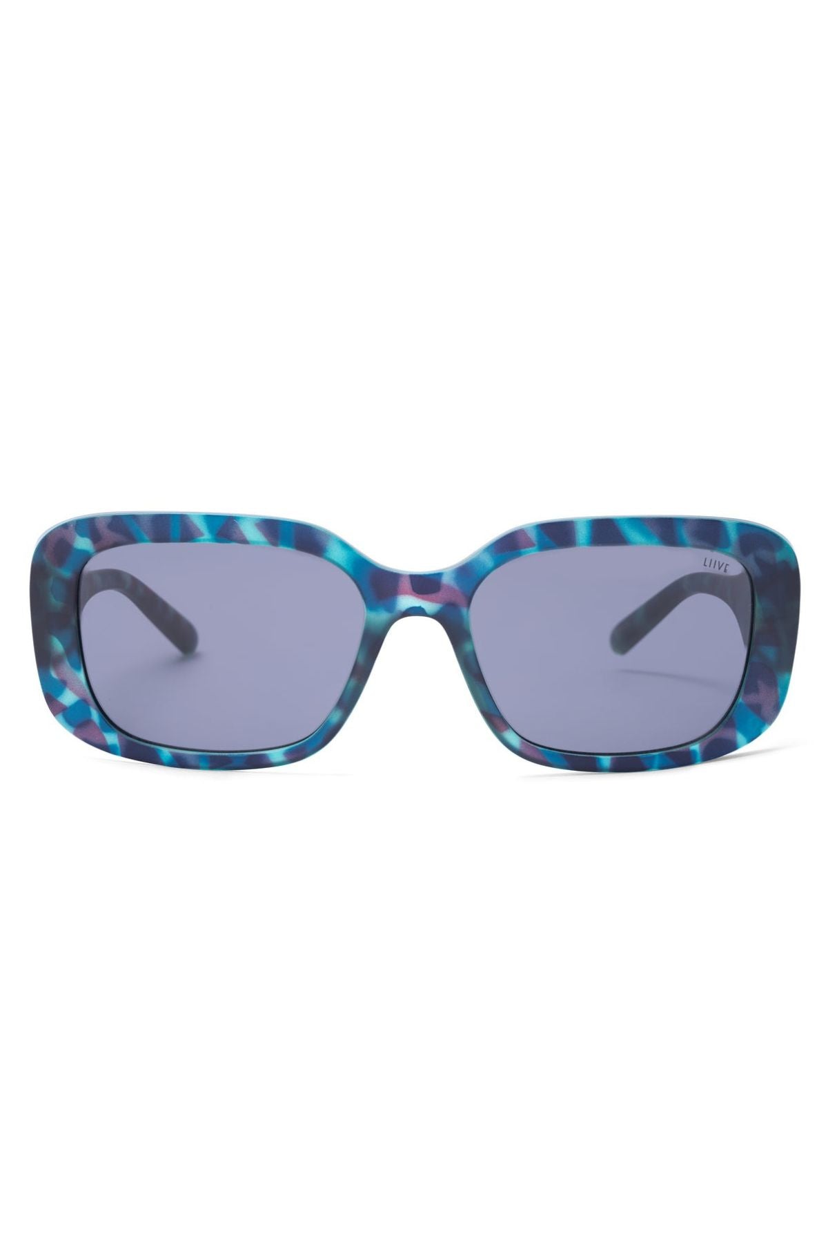The Liive Fringe Blue Meanie Sunglasses are 90s-inspired rectangles with a blue havana finish and dark tinted lenses, displayed against a plain white background.