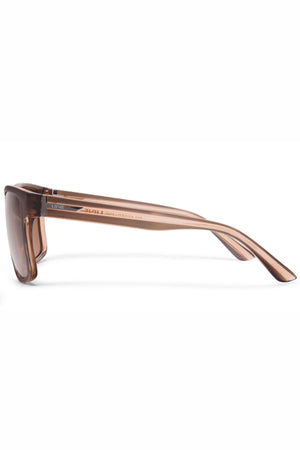 Side view of Liive Kerrbox Polarised Sunglasses with rectangular, translucent brown frames and wide arms, providing UV protection, showcased on a white background.