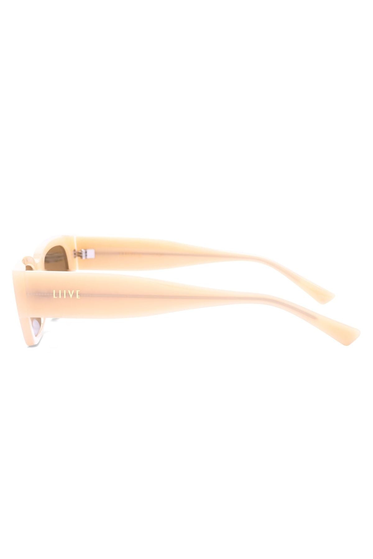 Side view of Liive LOBster Sunglasses with a stylish bone-colored frame, thick arms, and brown lenses, displayed against a white background.