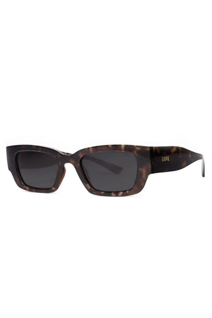 Rectangular Liive LOBster sunglasses feature tortoiseshell frames, polarized lenses, UV protection, thick arms, and a subtle gold logo near the hinges.