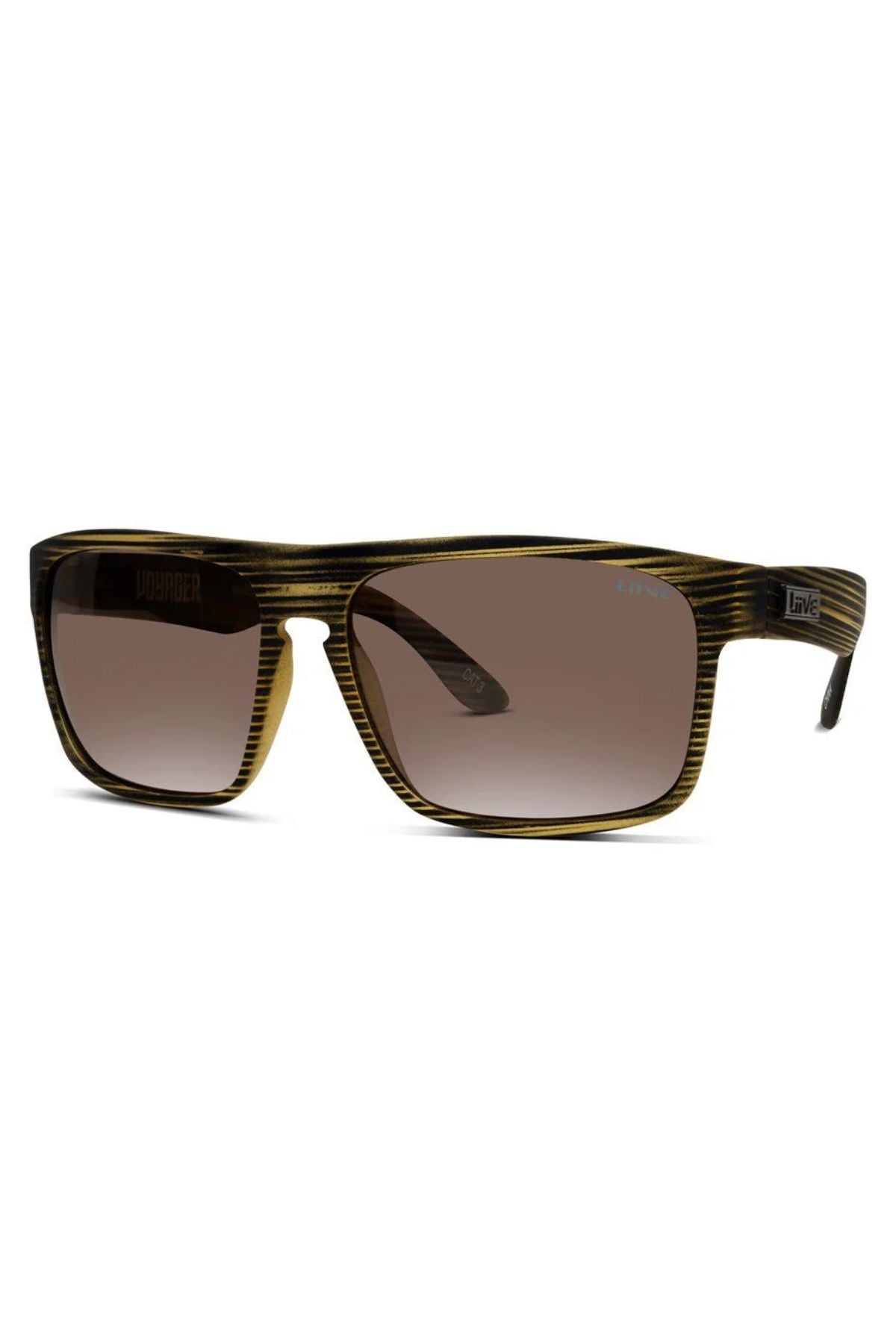 Liive Voyager Polar Sunglasses feature a black-and-yellow striped rectangular frame, brown gradient lenses with UV protection, lightweight polycarbonate construction, and "LAVE" accents on the temples for modern style and comfort.