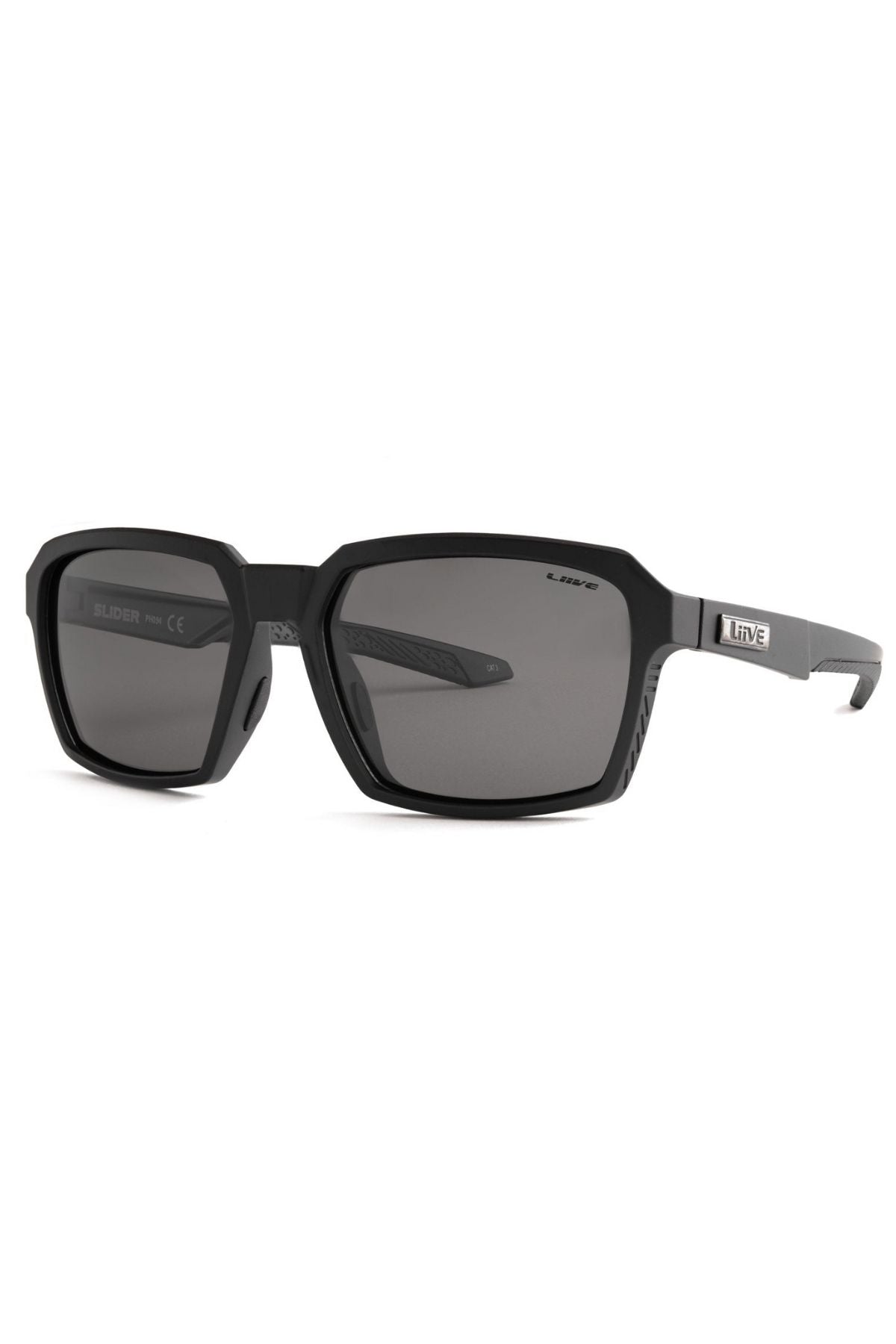 The Liive Slider Polarised Sunglasses feature a black, rectangular frame with modern angular design, dark Category 3 lenses for UV protection, and a subtle "LIVE" logo on the temple.
