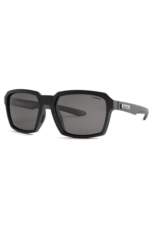 The Liive Slider Polarised Sunglasses feature a black, rectangular frame with modern angular design, dark Category 3 lenses for UV protection, and a subtle "LIVE" logo on the temple.