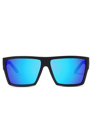 The Liive X Amp X Mirror Polarised Sunglasses feature black frames and rectangular mirrored blue shatter-resistant lenses, delivering stylish eye protection against a white background.