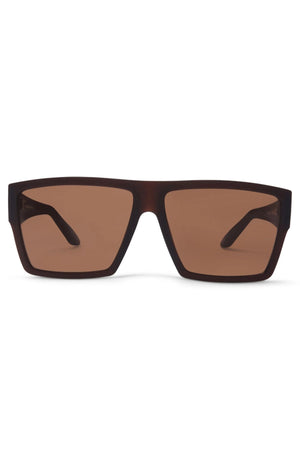 The Liive X Amp X Polarised Sunglasses feature an oversized rectangular design with dark brown polarised lenses and a thick matte dark brown frame, shown from the front.