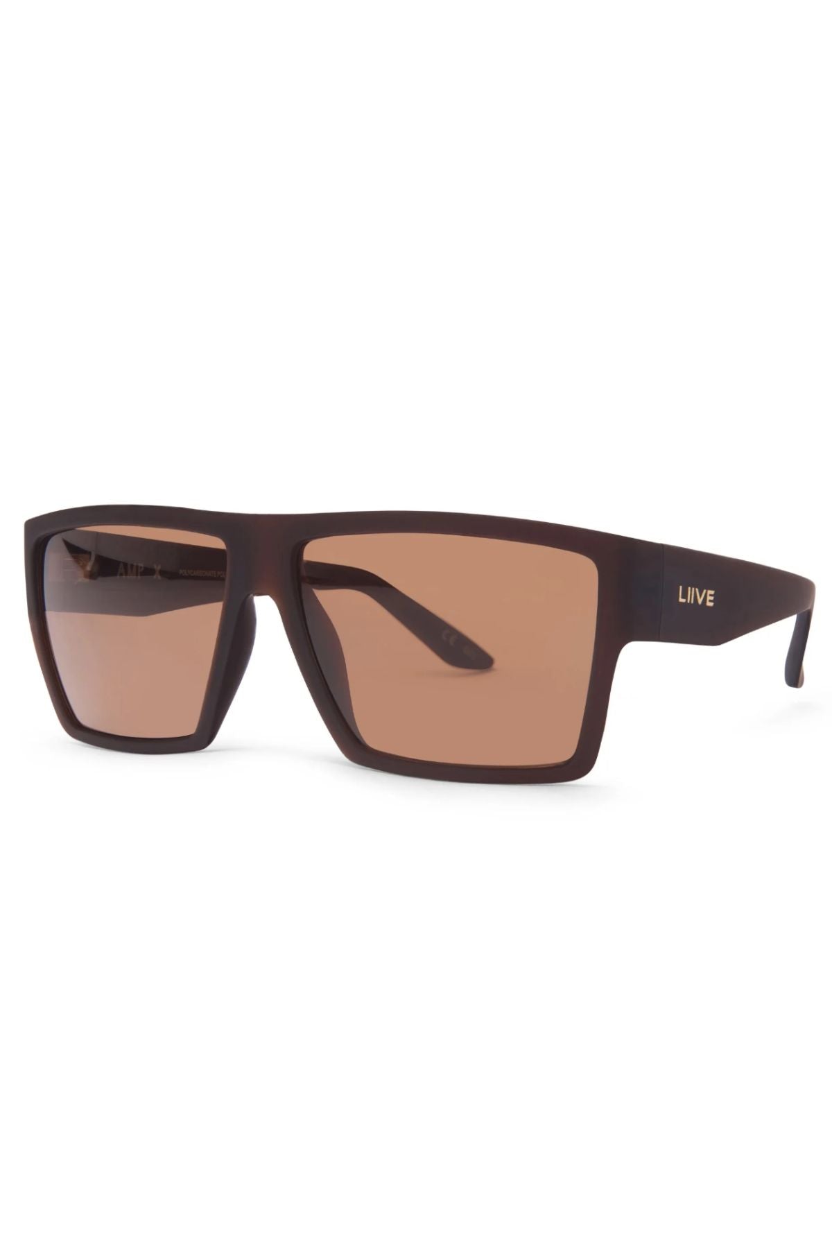 The Liive X Amp X Polarised Sunglasses feature a rectangular brown matte frame and slightly tinted, impact-resistant lenses. "LIIVE" is printed in small gold letters on the left temple arm. Shown on a white background.