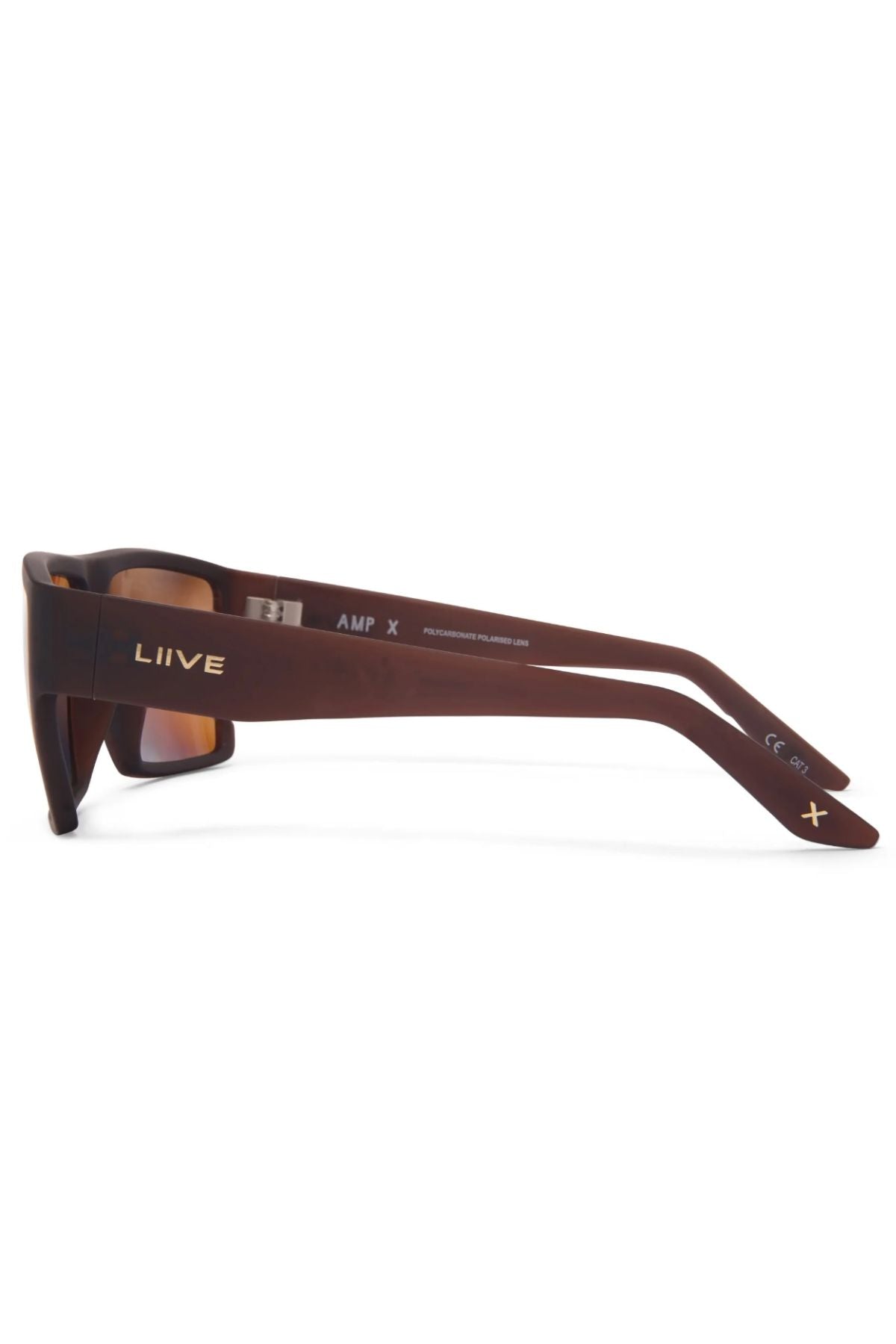 Side view of Liive X Amp X Polarised Sunglasses in brown, featuring "LIIVE" in gold on the temple and "AMP X" inside the arm. Set against a white background, these sunglasses have impact-resistant, polarised lenses for durability.