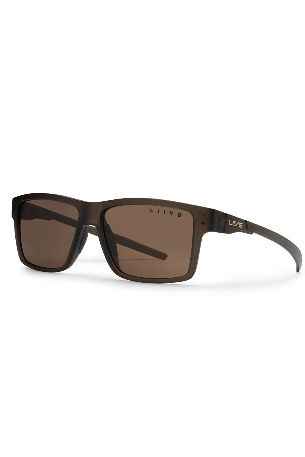 The Liive X Axis X Sunglasses feature a matte black rectangular frame with brown lenses and the Liive logo in white—designed for everyday wear and timeless style.
