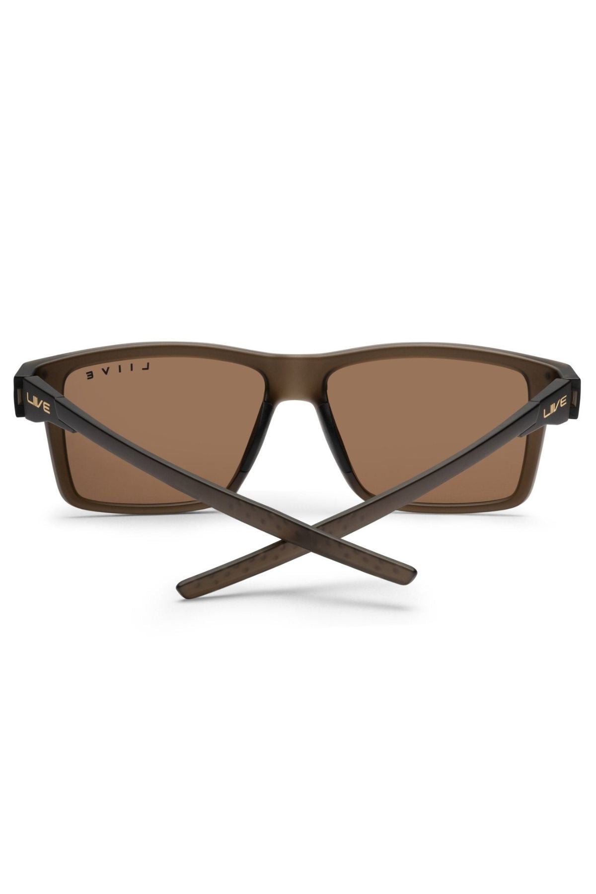 The Liive X Axis X Sunglasses feature a brown rectangular frame, brown lenses, and crossed arms. Shown from the back, "LIVEL" is printed in white on the inside of the left arm—ideal for everyday use.