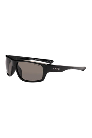 The Liive X Elliot X Polarised Sunglasses feature black rectangular frames made from durable TR90 nylon, dark lenses, and "LIVE" in white on the arm—ideal for water lovers wanting both style and endurance.
