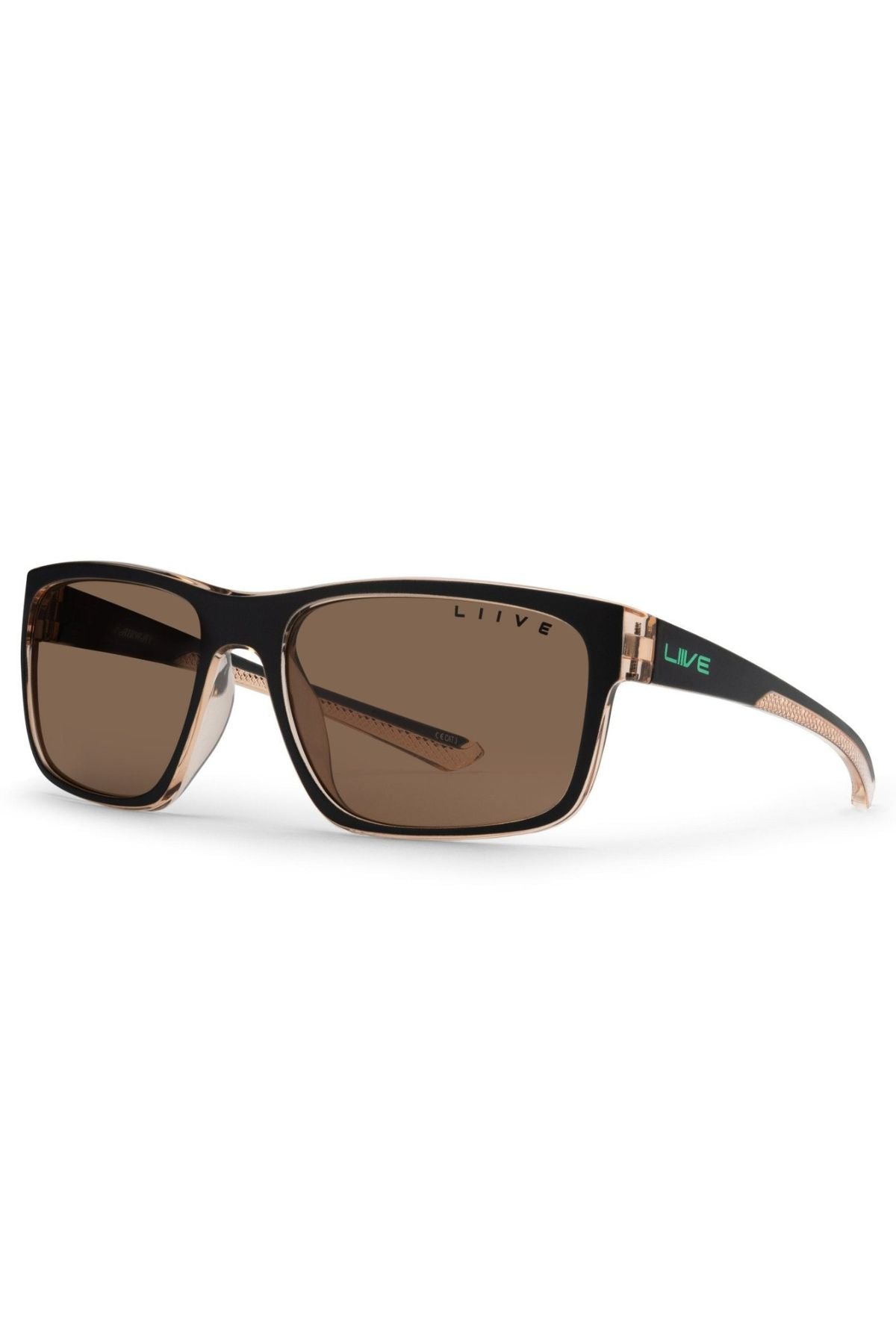 Liive X Fairway X Sunglasses feature rectangular frames in black and tan, brown tinted lenses, and "LIIVE" in white and aqua on the left lens and arm. These stylish sunglasses offer UV protection for everyday comfort.