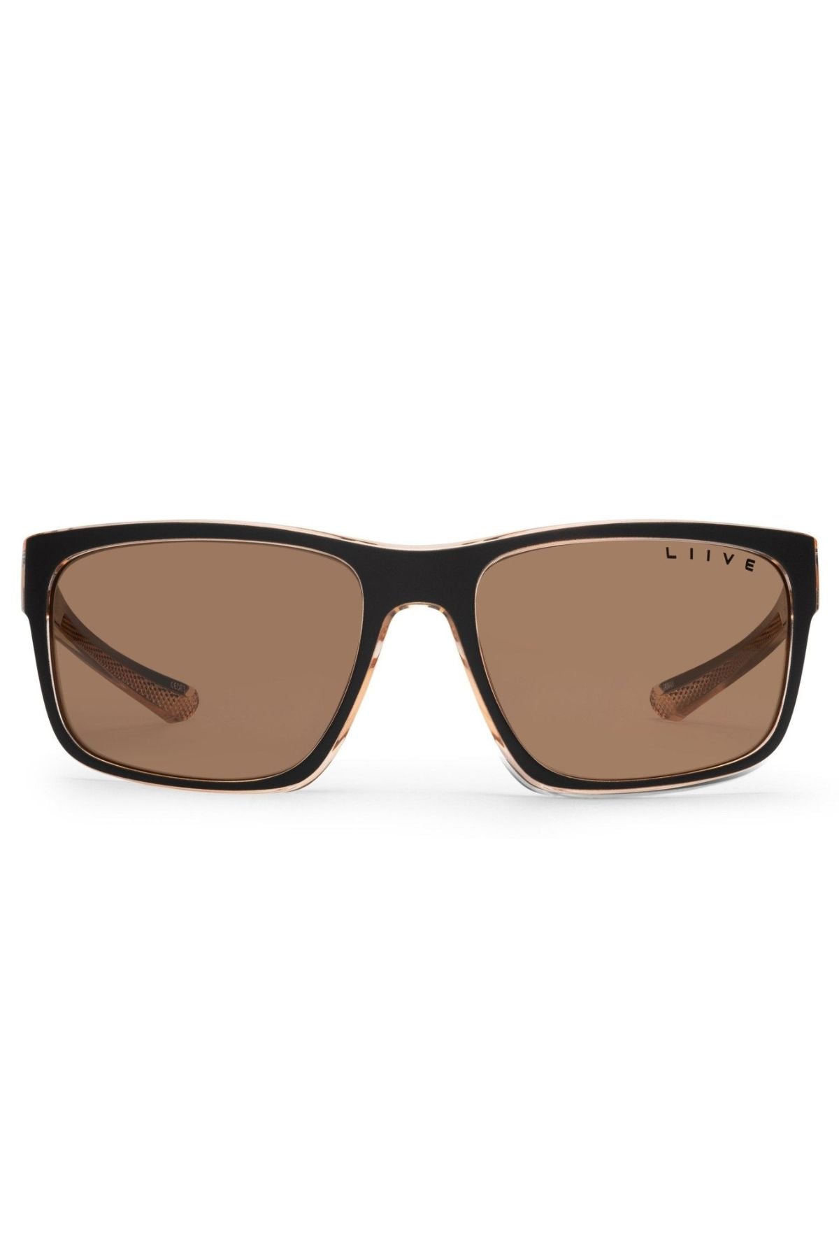The Liive X Fairway X Sunglasses feature dark brown lenses, a black and brown frame, and UV protection. "LIIVE" is printed on the top right of the right lens, making them an ideal choice for casual eyewear.