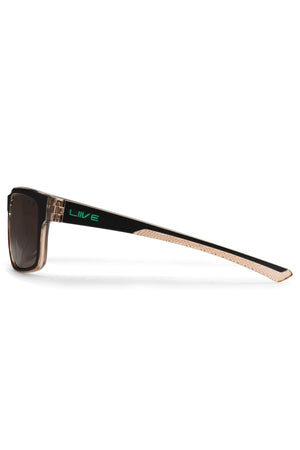 The Liive X Fairway X Sunglasses feature a classic profile with dark rectangular lenses, transparent brown fronts, black and beige arms, premium UV protection, and "Liive" in green—a stylish addition to any casual wardrobe.