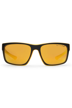 The Liive X Fairway X Sunglasses feature a black rectangular casual frame with yellow-tinted lenses. "LIIVE" is printed on the upper right corner of the right lens, offering classic style and reliable UV protection.