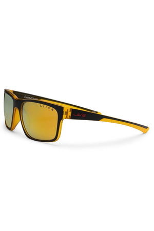 The Liive X Fairway X Sunglasses feature a yellow frame with black and red accents, reflective yellow lenses for UV protection, a classic rectangular design, and “Liive” branding on the temple.