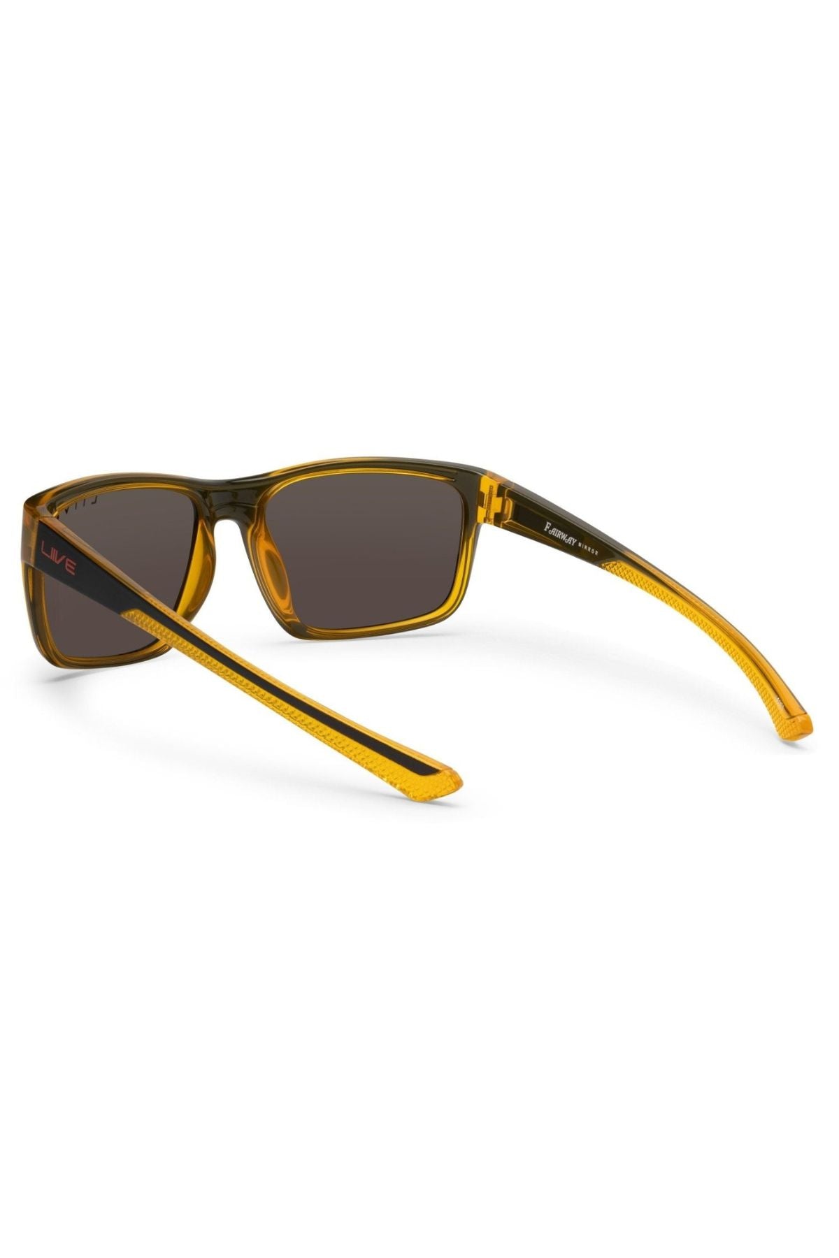 The Liive X Fairway X Sunglasses feature a classic translucent amber-yellow rectangular frame with dark lenses, shown angled to highlight both front and side views, offering stylish looks and essential UV protection.