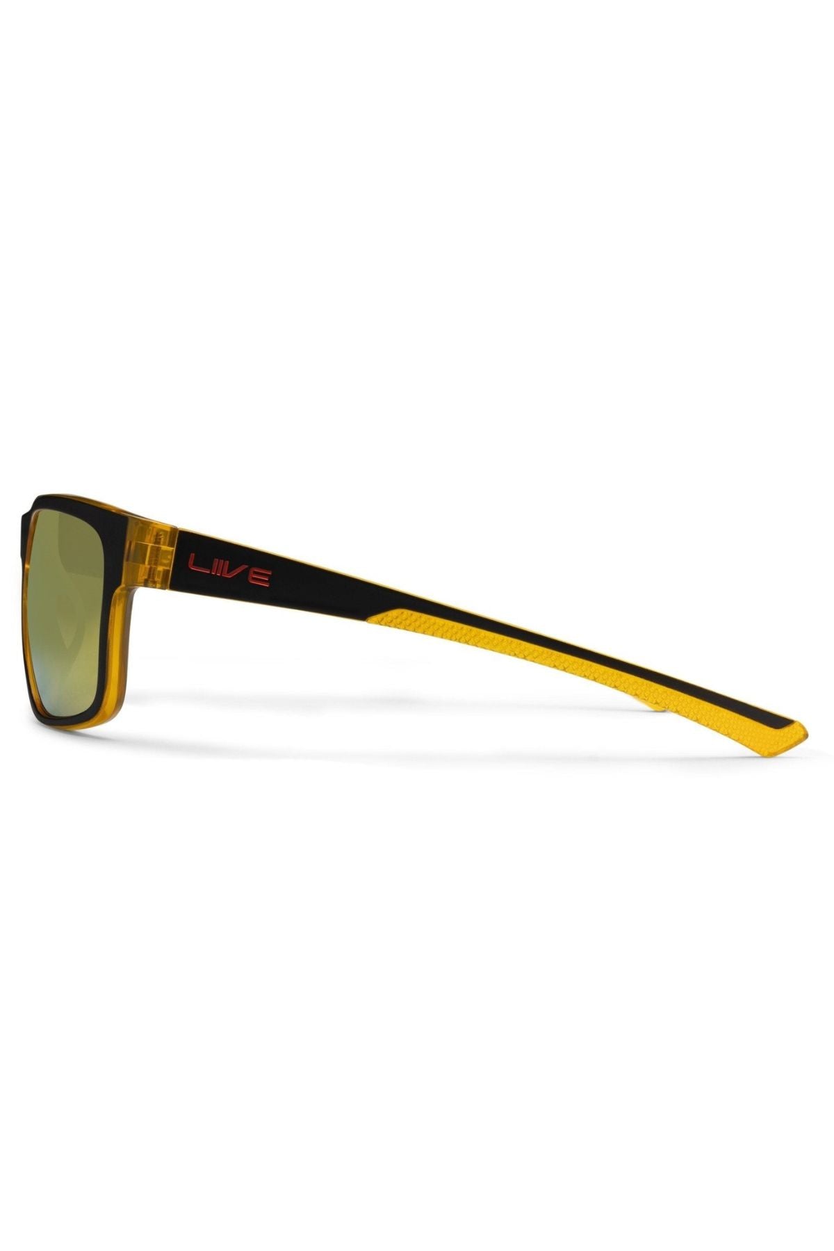 The Liive X Fairway X Sunglasses feature yellow-tinted frames and temples, black accents, green lenses, and the red "Liive" logo on the temple. Their sporty design offers modern style and UV protection.