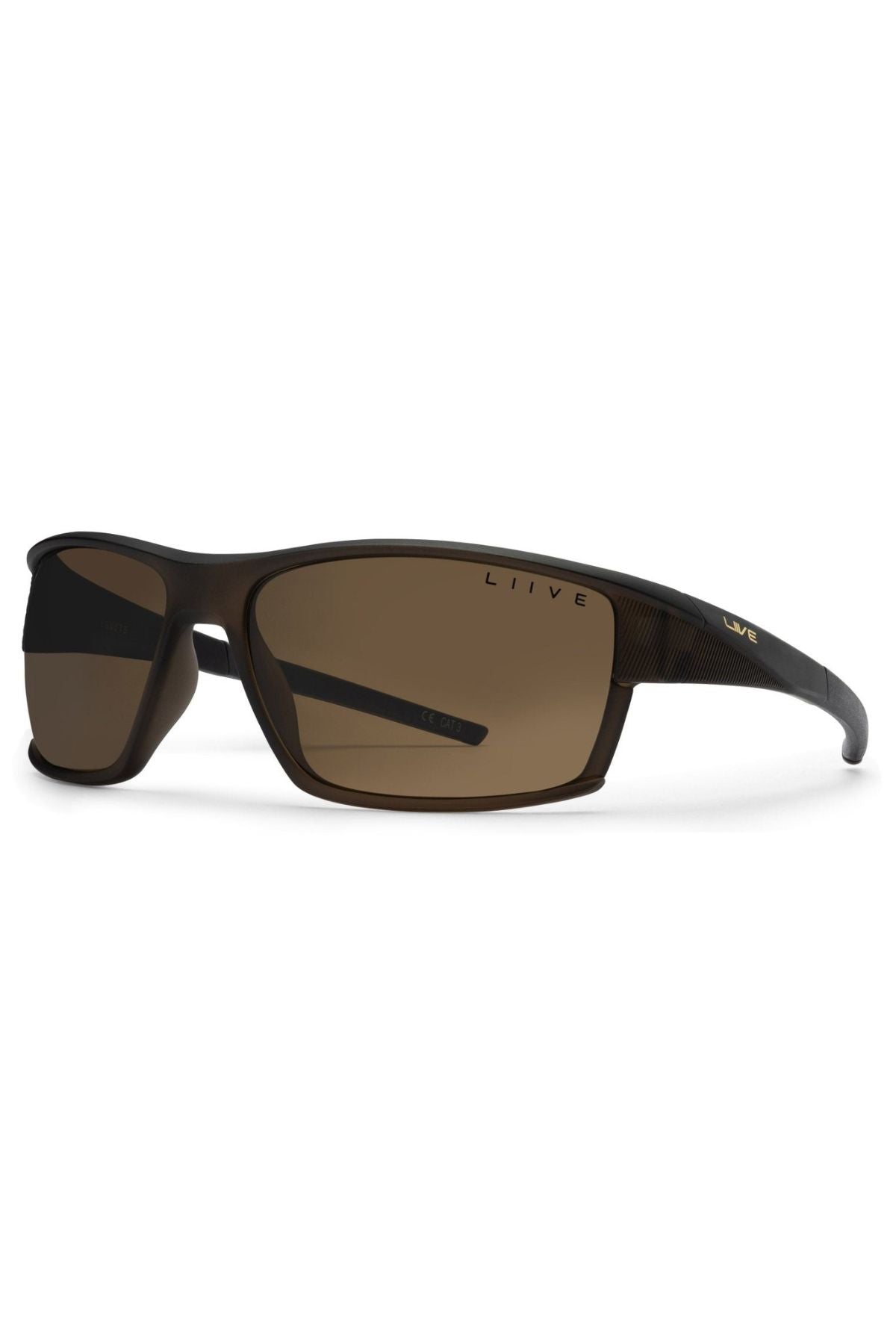 Liive X Ignite X Sunglasses: Matte black wraparound frame with modern silhouette, brown-tinted lenses, and "LIIVE" in gold lettering on the arms and upper right of the frame.