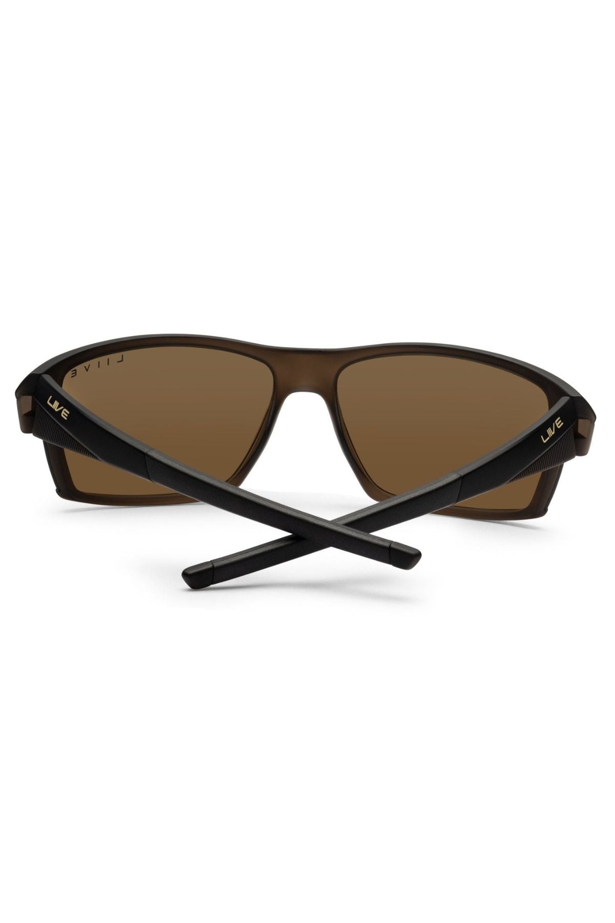 Liive X Ignite X Sunglasses with brown lenses and a modern silhouette, black crossed arms, "Liive" branding near the hinges, and slightly mirrored lenses.