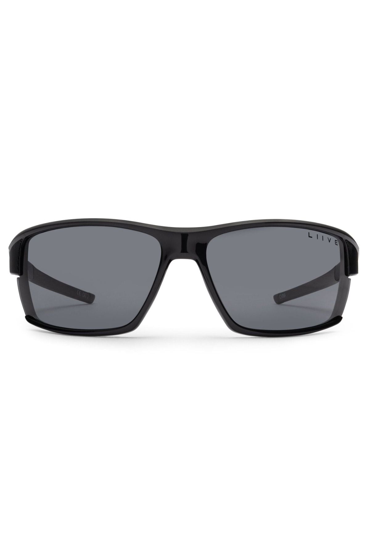 Front view of Liive X Ignite X Sunglasses featuring a sleek black wraparound frame, dark tinted lenses, and a sporty modern silhouette with the "Liive" logo on the right arm.