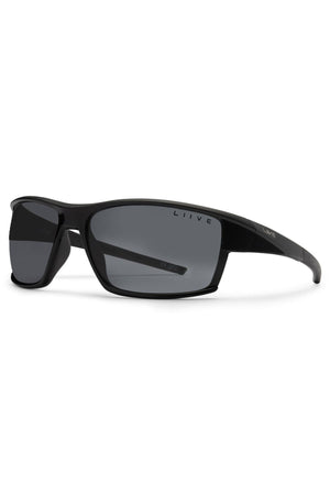 Liive X Ignite X Sunglasses feature a modern black wrap-style frame, dark polarized lenses, and "LIIVE" branding on the right lens and left arm, shown against a crisp white background.