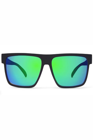 Liive X Pulse X Polar Sunglasses feature a black, lightweight nylon frame and mirrored lenses with green and blue hues, displayed against a white background.