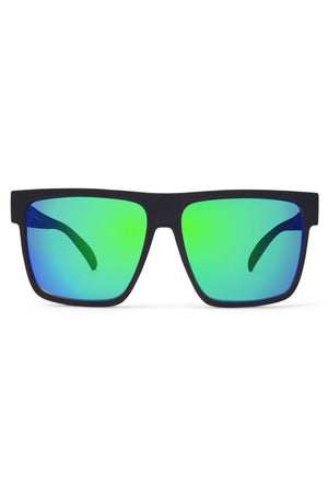 The Liive X Wrath X Mirror Polar Sunglasses are rectangular with a black frame and impact-resistant, polarized lenses in reflective green and blue, shown from the front on a white background.