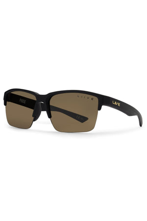The Liive X Phase X Sunglasses feature a sporty, modern semi-rimless black frame with brown lenses. "LIIVE" is in gold on the arm, and "PHASE" is printed inside—ideal lifestyle shades for everyday wear.