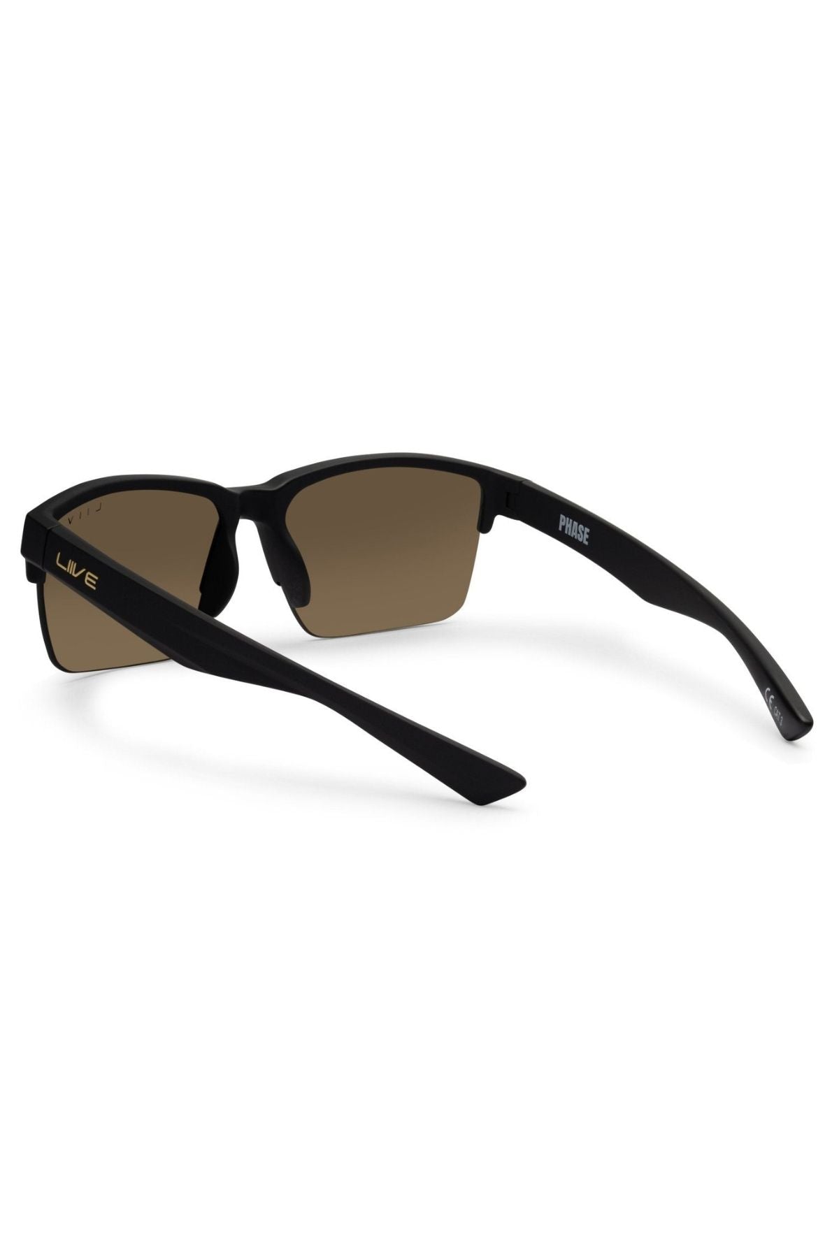 The Liive X Phase X Sunglasses are black semi-rimless shades with brown tinted lenses, shown from the rear; "LIVE" decorates one arm, "PHASE" the other, giving these lifestyle sunglasses a stylish and unique appeal.
