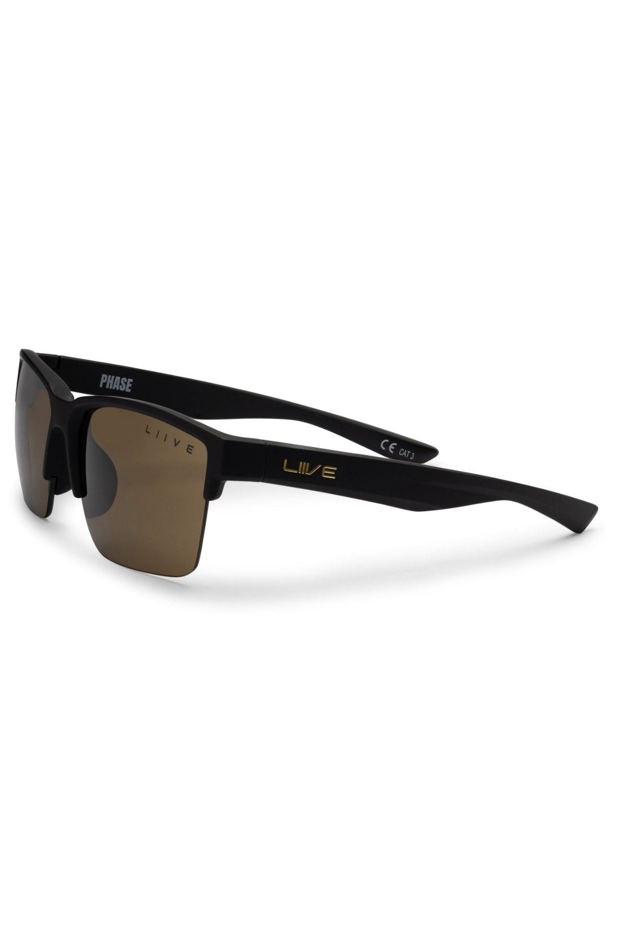 Liive X Phase X Sunglasses are black semi-rimless lifestyle shades with brown tinted lenses, featuring "LIIVE" in gold on the arm and "PHASE" in white inside the arm—ideal for stylish daily wear.