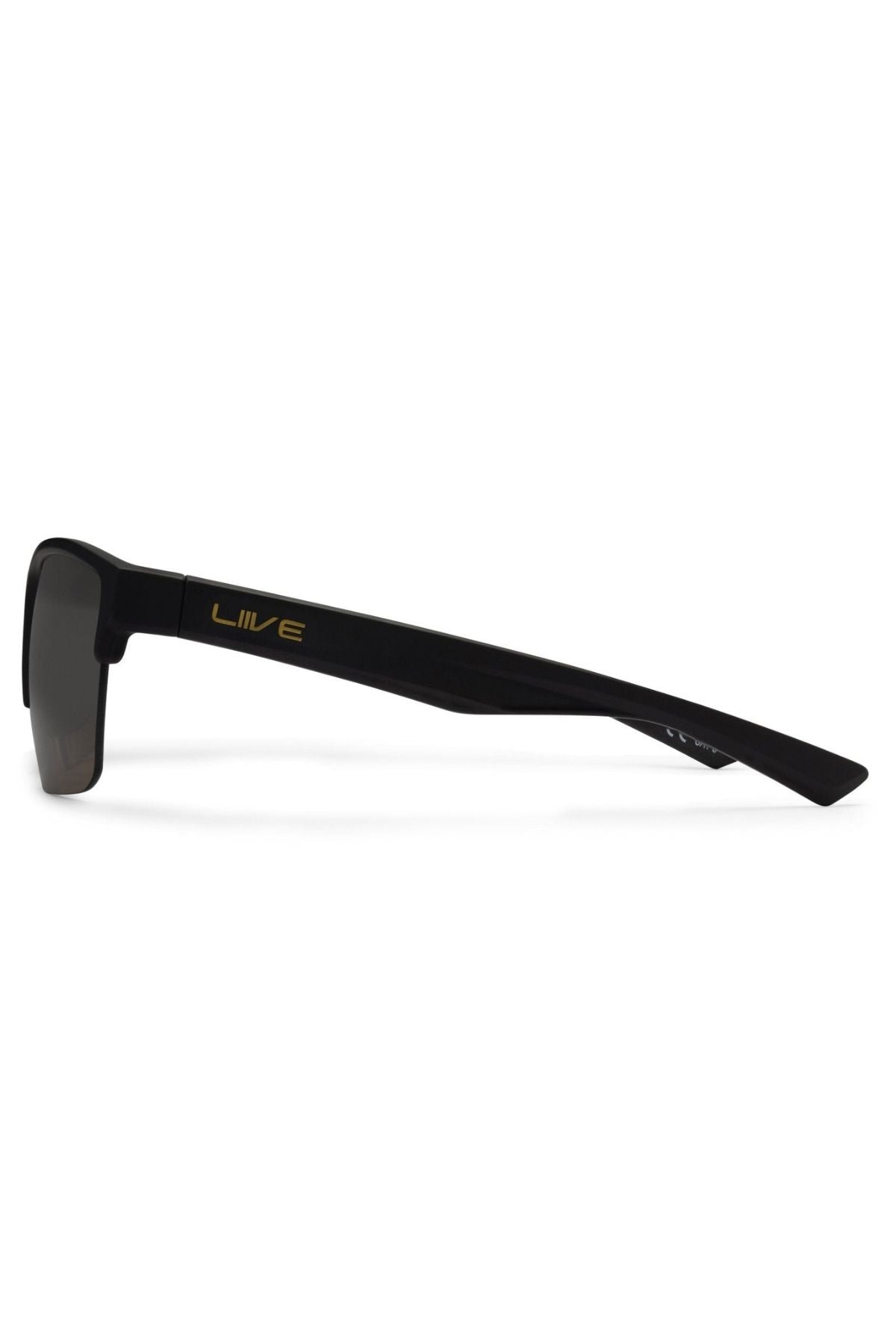 The Liive X Phase X Sunglasses feature a sleek black rectangular frame with "LIVE" in gold on the temple arm—a minimalist design ideal for everyday wear.