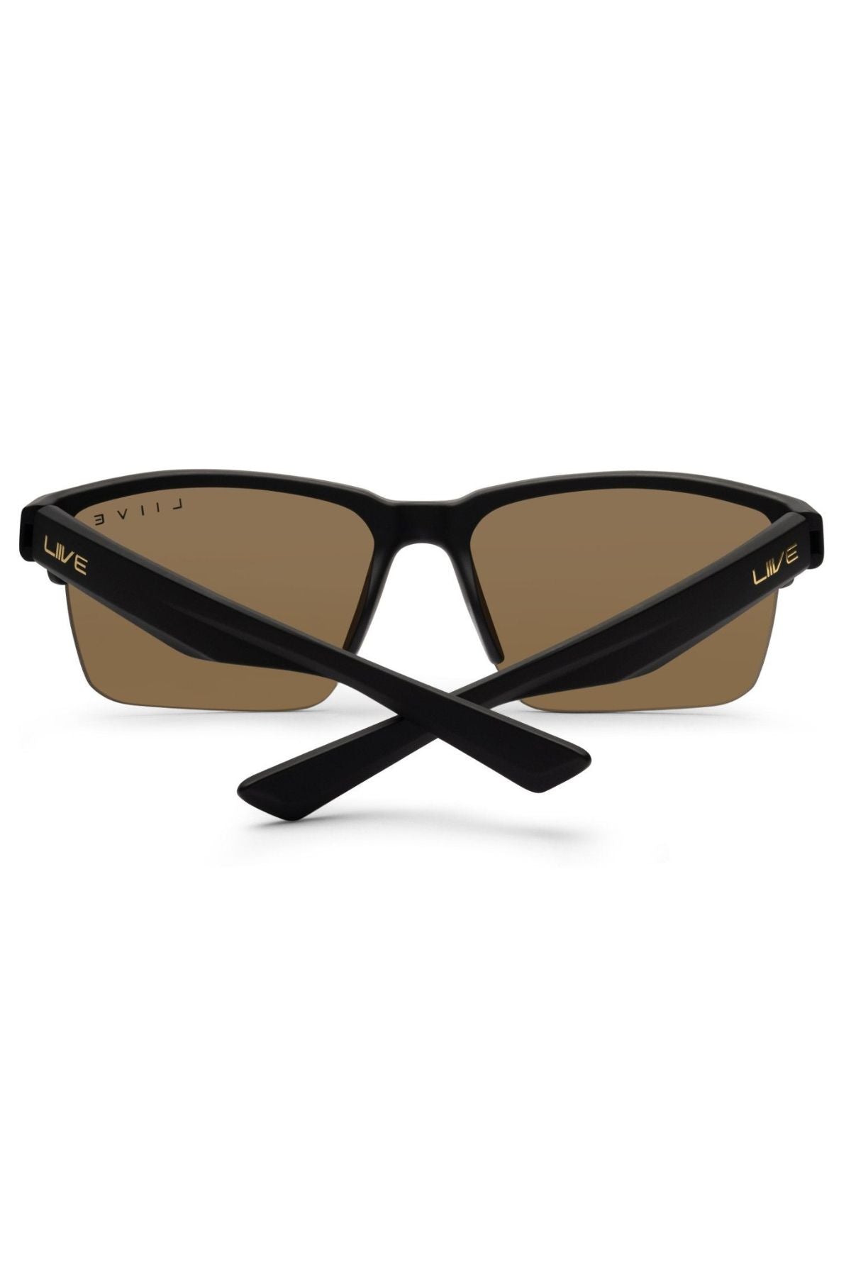 The Liive X Phase X Sunglasses feature a black frame with brown-tinted lenses, shown from the back with crossed arms. "LIVE" is printed in gold on the temples, making them perfect for daily wear and any occasion.