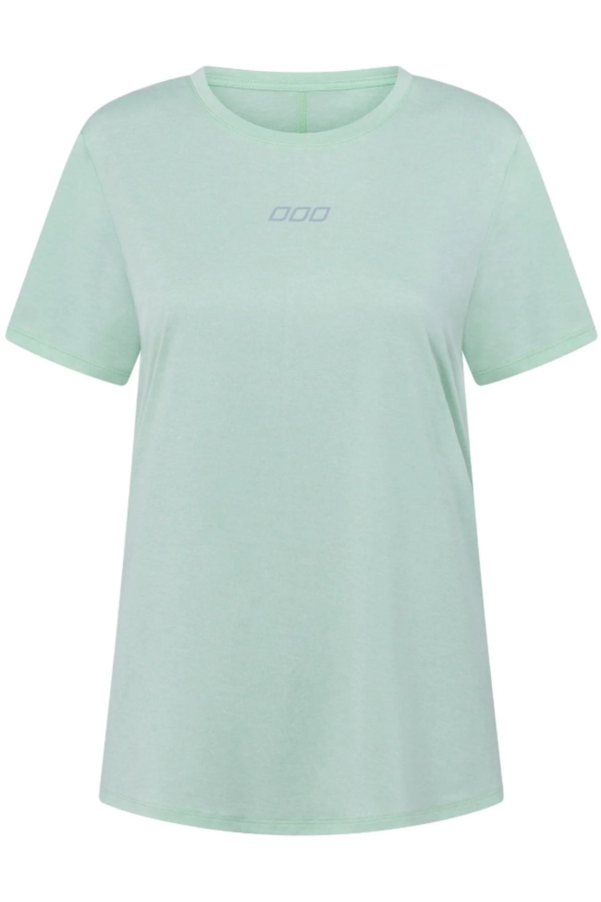 The Lorna Jane Amy Dynamic Active T-Shirt is a light green women’s short-sleeve workout top with a round neckline, subtle "000" chest logo, minimal design, and made from quick-drying activewear fabric.