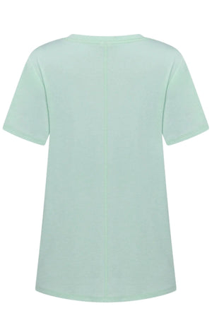 Back view of the Lorna Jane Amy Dynamic Active T-Shirt, a plain light mint green women's workout top with a central vertical seam, round neckline, quick-drying fabric, and no visible patterns or logos.