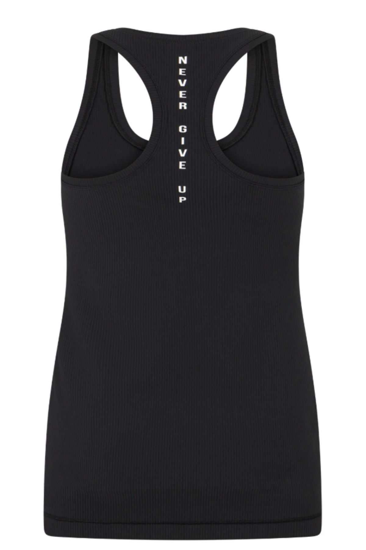 The Lorna Jane Amy Fitted Active Rib Tank is a black racerback top with "NEVER GIVE UP" printed in white on the upper back. Made from moisture-wicking fabric, it keeps you cool during every workout.