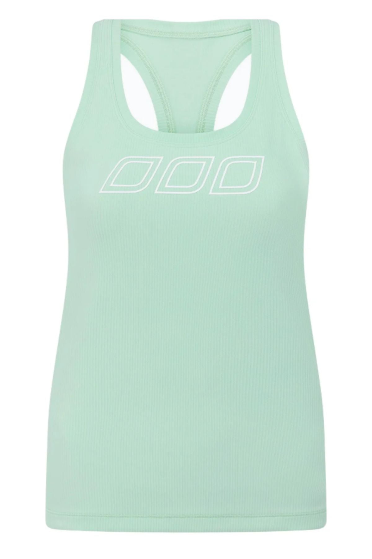 The Lorna Jane Amy Fitted Active Rib Tank features a light green ribbed fabric, racerback design, and a white outlined triple-square graphic at the front center.