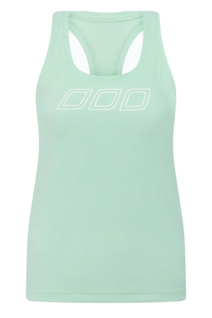 The Lorna Jane Amy Fitted Active Rib Tank features a light green ribbed fabric, racerback design, and a white outlined triple-square graphic at the front center.
