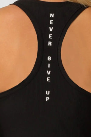 Close-up of the back of the Lorna Jane Amy Fitted Active Rib Tank in black, featuring "NEVER GIVE UP" printed vertically in bold white capitals along the spine.