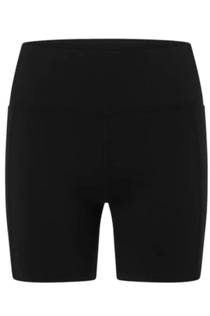 A pair of Lorna Jane Amy Phone Pocket Tech Bike Shorts in high-waisted, plain black, featuring a fitted design and a convenient phone pocket, displayed on a white background.