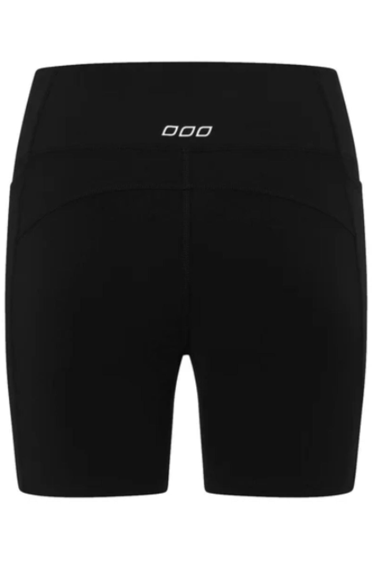 The Lorna Jane Amy Phone Pocket Tech Bike Shorts are black athletic shorts seen from the back, with a high waistband and a small white logo, offering smooth, fitted fabric and 4-way stretch for comfort and performance.