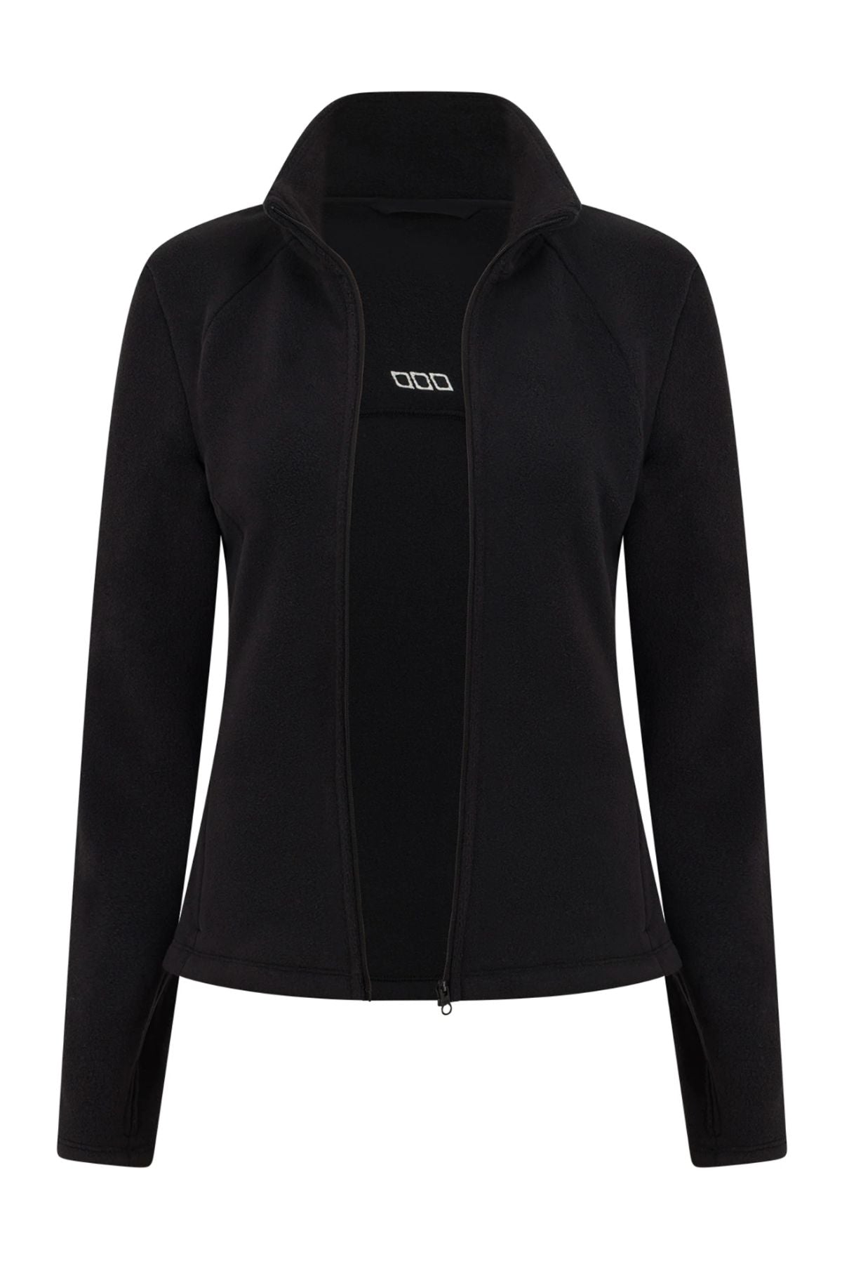 The Lorna Jane Amy Polar Fleece Zip Through Jacket is a black, long-sleeve jacket with a high collar and minimalist design, shown on a white background. There are no visible logos or patterns.