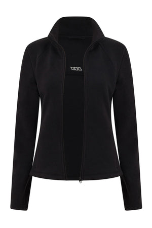 The Lorna Jane Amy Polar Fleece Zip Through Jacket is a black, long-sleeve jacket with a high collar and minimalist design, shown on a white background. There are no visible logos or patterns.