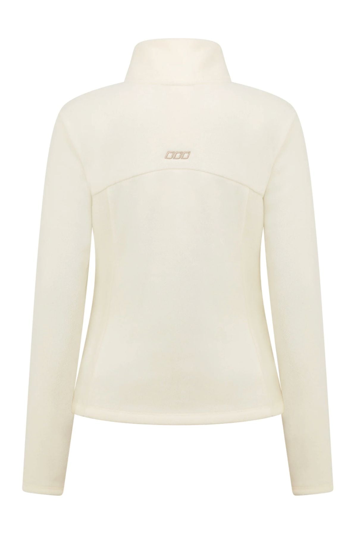 Back view of the cream Lorna Jane Amy Polar Fleece Zip Through Jacket, featuring long sleeves, a high collar, and a small rectangular logo on the upper back. The fitted design is simple with no visible fasteners or pockets.