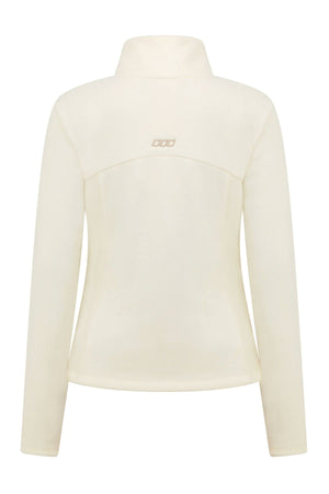 Back view of the cream Lorna Jane Amy Polar Fleece Zip Through Jacket, featuring long sleeves, a high collar, and a small rectangular logo on the upper back. The fitted design is simple with no visible fasteners or pockets.